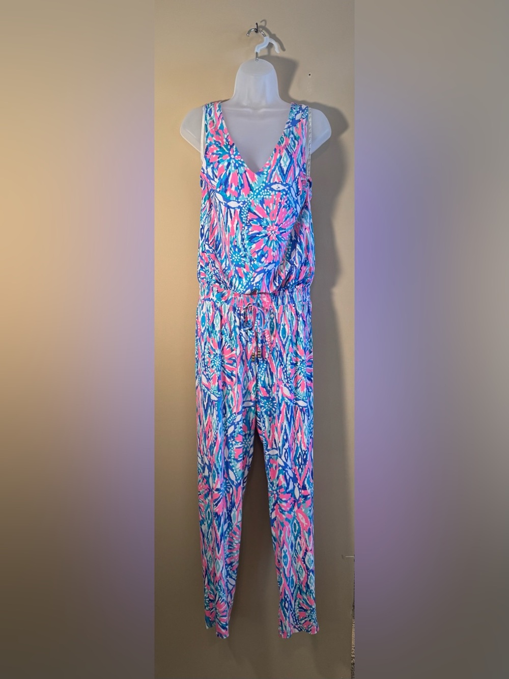 Lilly Pulitzer Sleeveless V-Neck Printed Jumpsuit in Pink & Blue